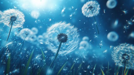 Dreamy close-up of dandelion fluff floating in sunlit blue sky