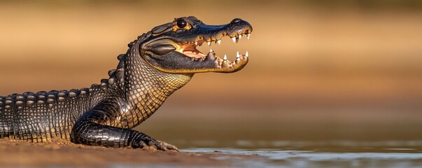 An alligator reptile with open jaws on a sunny river bank