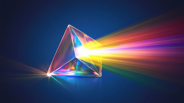 A prism with a ray of light passing through one side and the light breaking down into the colors of the rainbow. Prism Light. Illustration
