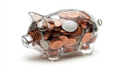 Saving for the future transparent piggy bank full of coins in modern home setting financial planning indoor close-up perspective