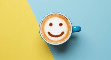 A cheerful coffee cup filled with creamy cappuccino featuring a smiley face design made from cocoa powder on the foam