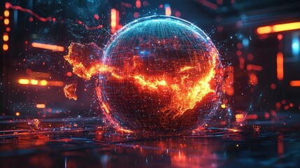 Obraz premium Futuristic glowing digital globe with fiery continents.