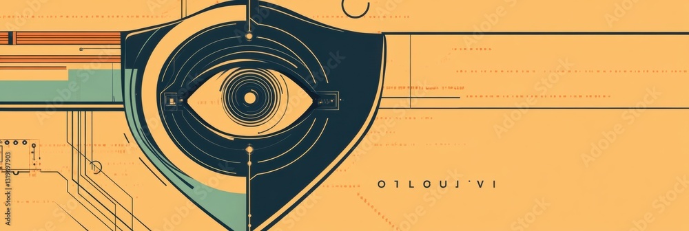 Poster shield design with cybernetic patterns and robotic eye emphasizing ai in cybersecurity set in a gold