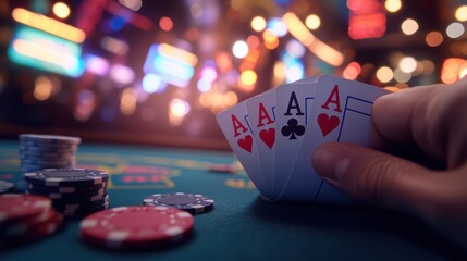 Intense moment of triumph with a royal flush in a vibrant casino setting among chips and cards