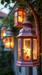 Obraz premium Rustic lanterns with floral design illuminating outdoor evening garden