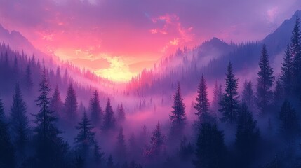 Obraz premium Stunning sunrise over misty forested mountains with vibrant colors and pine trees