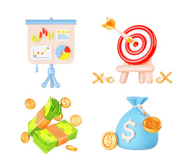 3d set of business and finance icon. Isolated flipchart with charts and diagrams, target with arrow, paper cash, money bag with dollar coins. Work strategy, goal achievement, success