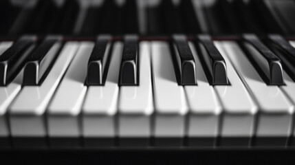 A close-up photograph of a black and white piano keyboard, highlighting the details of the keys that produce music and sound