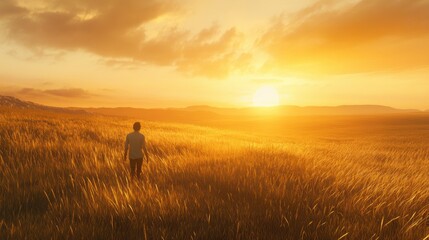 Fototapeta premium Golden Wheat Field at Sunset A Farmer's Touch, wheat, field, farmer 