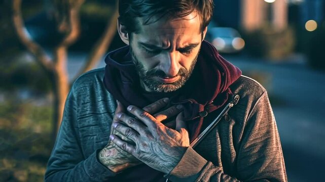Mann mit geschlossenen Augen h&auml;lt seine Brust