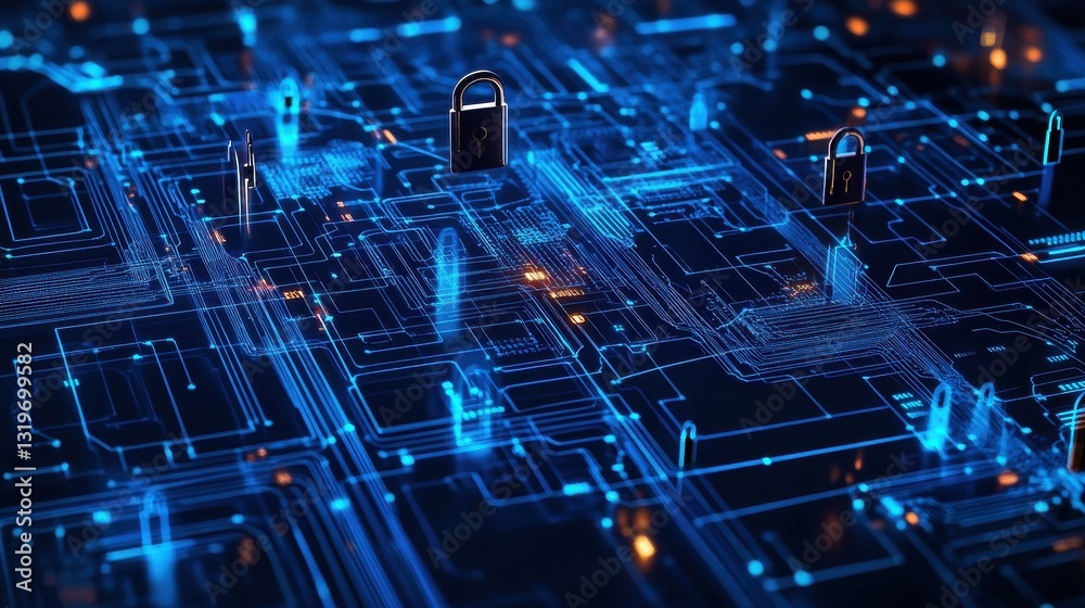 Poster cyber security concept with digital africa map with locks and glowing lines on abstract dark backgro