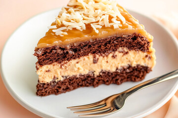 German chocolate cake slice with coconut topping
