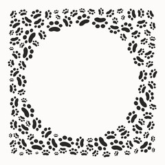 Frame with cartoon animal tracks, paw prints of pets. Vector background for print design. Card with place for text. Pet Goods. Banner with notification about pet. Background isolated.