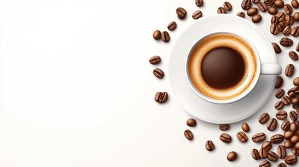 Fototapeta premium Coffee background. Realistic coffee top view, vector white cup of drink. Roasted beans. Cafe bar restaurant banners template