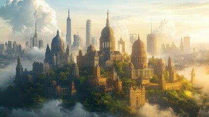 Fototapeta premium Majestic fantasy cityscape with towers and domes amidst clouds