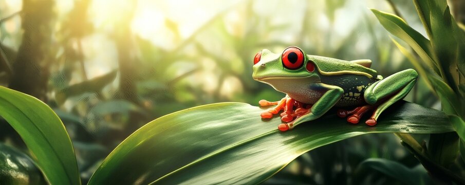 A vibrant green tree frog with red eyes rests on a leaf
