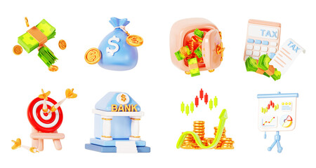 Business and finance 3d render icon set. Isolated bank building exterior, target, money bag, tax calculator, payment bill, white board with growth graph, safe box with coin and cash