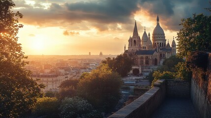 Fototapeta premium Sunset over sacré-cœur basilica in paris with scenic cityscape view