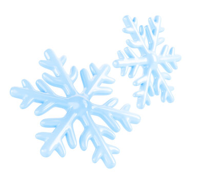 3d blue snowflakes flying in air on white background render icon. Realistic falling snow flakes, ice crystals, isolated elements for cold winter, weather forecast blizzard, snowstorm