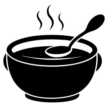 recommend clip art: Black silhouette of soup bowl with spoon and steam