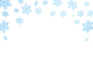 3d snowfall frame with falling snowflakes render. Snow flakes flying in air on white background. Winter banner with border of blue ice crystals. Christmas and New Year nature pattern