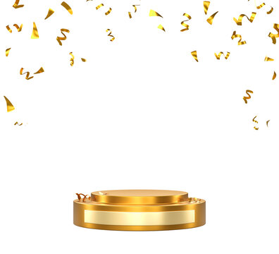 3d gold podium with falling confetti render background. Prize winner award ceremony stage or luxury product presentation. Golden metal round pedestal, scene with flying glitter ribbon