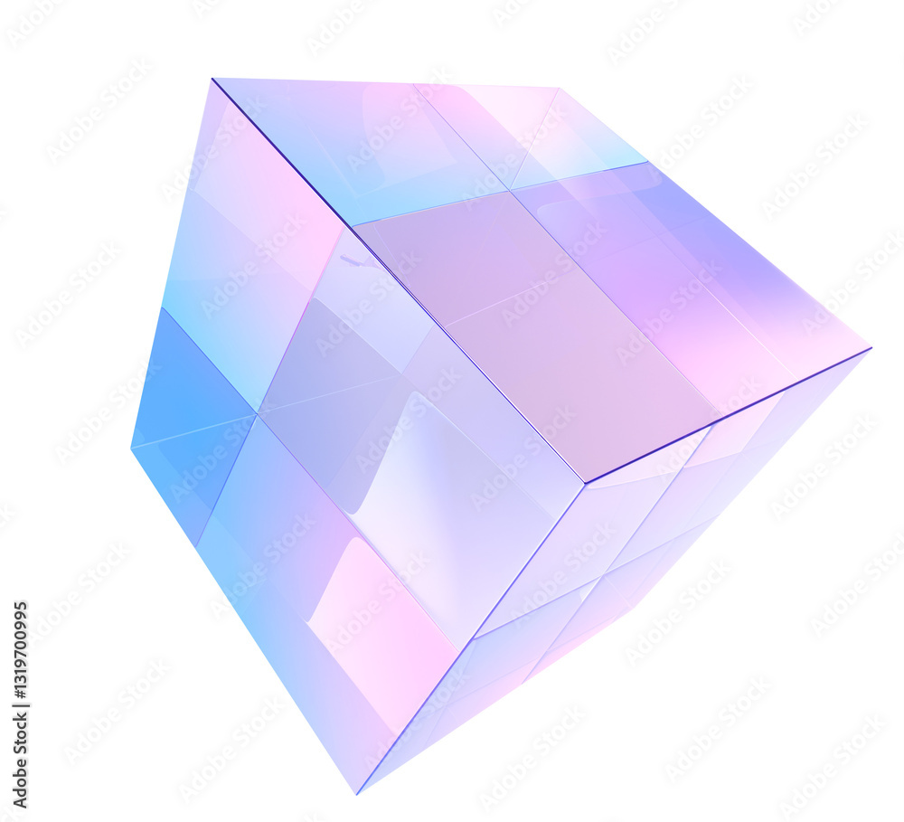 Poster 3d crystal light holographic glass cube render icon. Abstract geometric block shape with hologram gradient texture on purple background. Flying square box, digital design tech banner