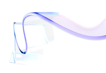3d abstract liquid glass transparent clear ribbon chromatic fold wave line render. Rainbow fluid flow curve shape with light holographic gradient texture. Flying glossy design element