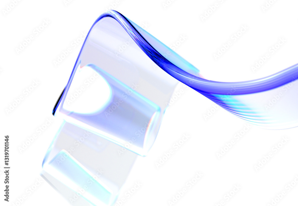 Poster 3d glass abstract liquid transparent ribbon chromatic fold wave line render. fluid flow curve shape 