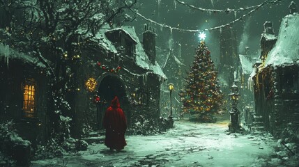 Snowy village christmas night with lit tree and person in red cloak