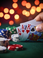 Hand reveals a royal flush at a poker table amidst vibrant casino lights creating a moment of triumph