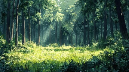 Fototapeta premium Sunlit forest clearing with lush greenery in serene woodland