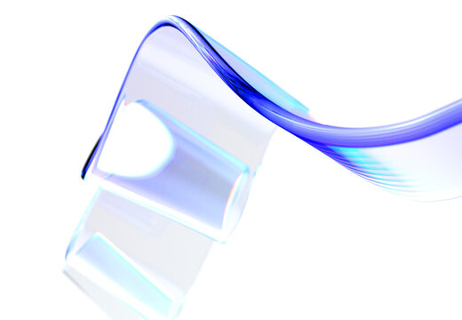 3d glass abstract liquid transparent ribbon chromatic fold wave line render. Fluid flow curve shape with holographic gradient texture, iridescent effect. Flying glossy design element