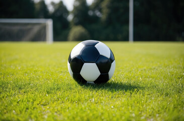 Fototapeta premium soccer ball resting on vibrant, lush green sports grass, creating a classic and energetic image of the game.