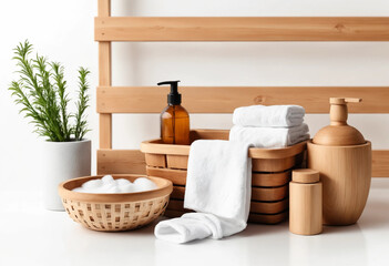 A wooden basket filled with white towels and a bottle of lotion sits on a table
