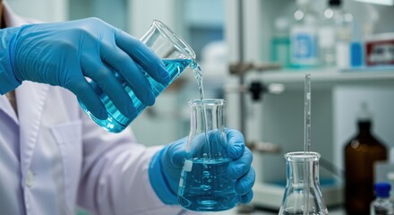 A close-up of a scientist wearing sterile blue gloves carefully pouring a clear blue liquid from a small beaker into a glass Erlenmeyer flask