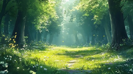 Obraz premium Lush sunlit forest pathway with verdant trees and blooming wildflowers