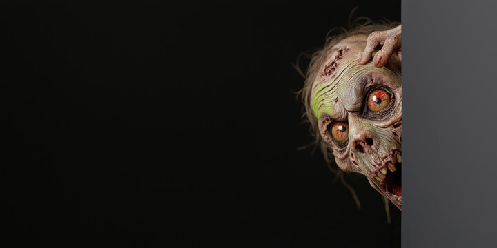 A zombie woman's head is peeking out from behind a black background. The image has a creepy and eerie mood, with the zombie woman's eyes glowing red and her mouth open in a scream