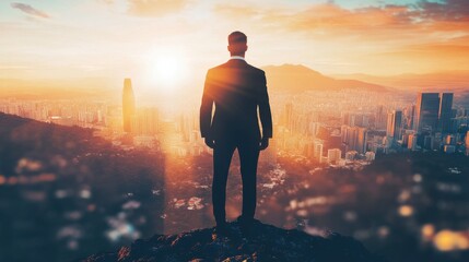 Back view of successful businessman on mountain top. Leadership and future concept. Abstract city background with sunlight and silhoutte. Double exposure