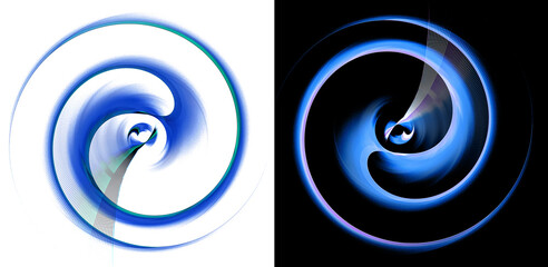 Blue striped abstract propeller blades rotate in a spiral on white and black backgrounds. Set. Icon, logo, symbol, sign. 3D rendering. 3D illustration.