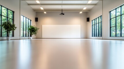 A bright and spacious studio features large windows and minimalist furnishing, creating an ideal environment for creativity and collaboration in a modern architectural setting.