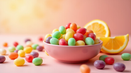 A pink bowl filled with colorful dye-free candies next to a lemon wedge on a soft pink background.
