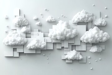 Fototapeta premium Abstract 3D Cloudscape White Puffy Clouds on Geometric Cubes Background