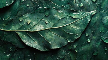 Fototapeta premium Close-up of green leaves with water droplets in a refreshing natural setting