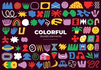 Banner with title and doodle vector elements. Playful and colorful header with abstract shapes. Childish and funky background template.