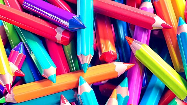 Rotating bundle of colorful sharpened pencils arranged in a stack.