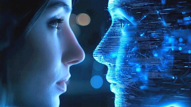 Digital interface revealing holographic human face, woman interacting with luminous technological lines, exploring emerging virtual communication paradigms