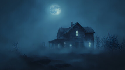Haunting moonlit house with glowing windows in fog, showcasing eerie atmosphere and ghostly presence in a chilling color palette of blues. Ghostly Luminescence. Illustration