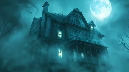 Haunting moonlit house with glowing windows in fog, showcasing eerie atmosphere and ghostly presence in a chilling color palette of blues. Ghostly Luminescence. Illustration