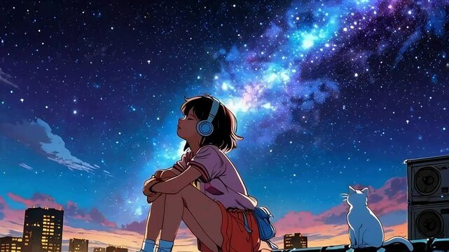 Lofi animation. Seamless loop. Girl listening music watching sky, anime girl lofi animation Assets were created with the help of an AI and then were manually modified and animated.